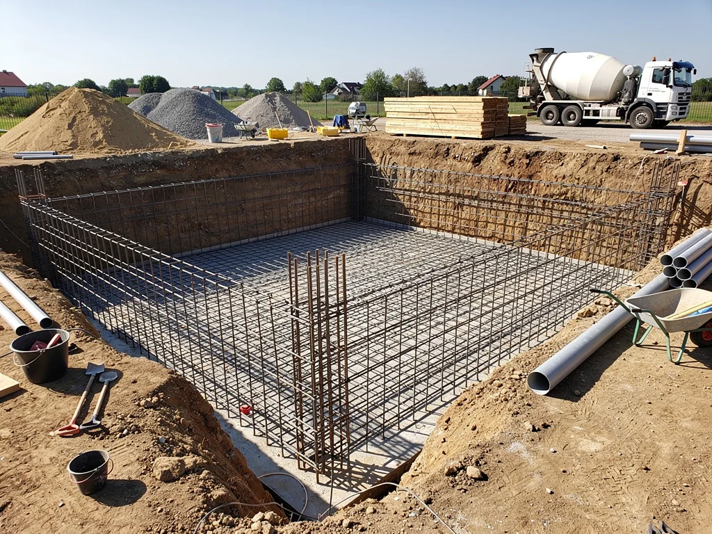 Chantier de terrassement de piscine avec ferraillage apparent