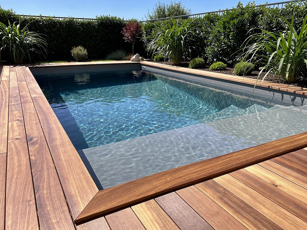 Piscine coque grise entourée d'une terrasse en bois exotique