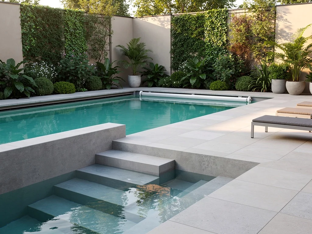 Petite piscine de ville avec volet roulant immergé et escalier d'angle